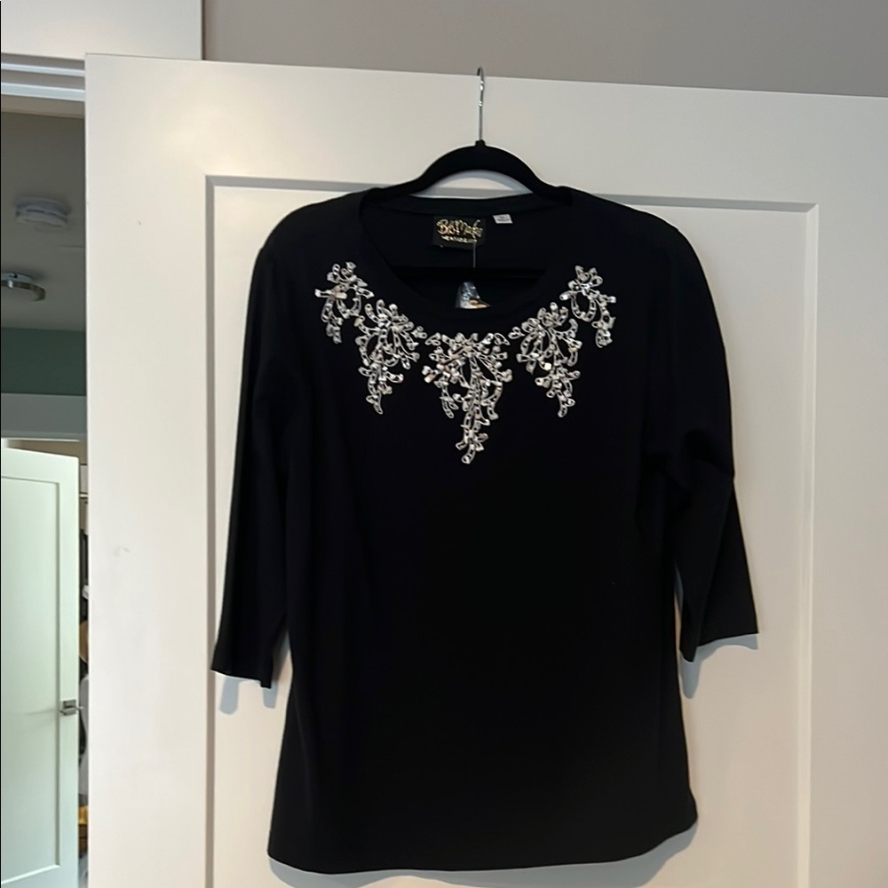 Bob Mackie Black Embellished 3/4 Sleeve Blouse, size medium